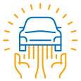Icono azul y naranja de un automovil y manos
