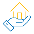 Icono azul y naranja de un hogar y una mano